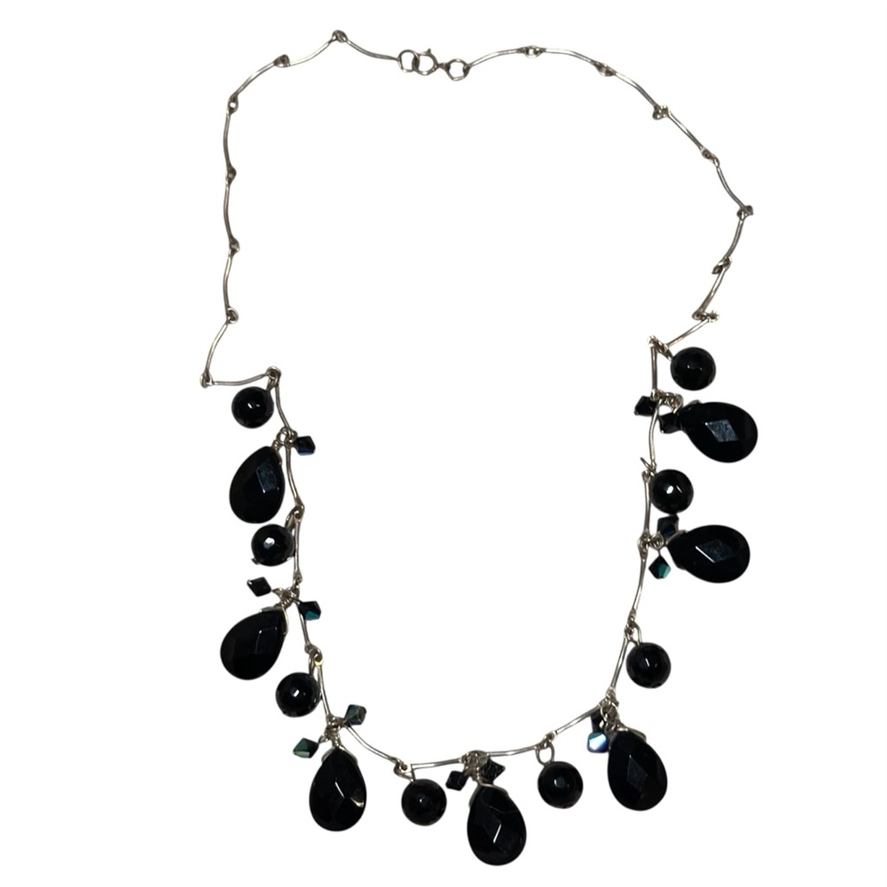 925 Sterling Silver Black Faceted Teardrop Beaded Dangle Necklace